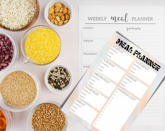 May include: A weekly meal planner with a colourful ombre background. The planner includes sections for each day of the week, with space to write in breakfast, lunch, and dinner. There is also a shopping list section.