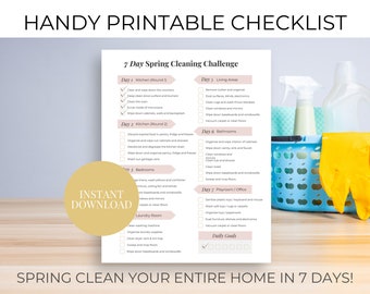 May include: A printable checklist for a 7-day spring cleaning challenge. The checklist is divided into daily tasks for different areas of the house, including the kitchen, living areas, bathrooms, bedrooms, playroom/office, and laundry room. The checklist also includes daily goals.
