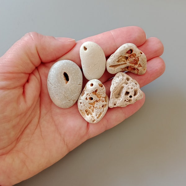 Lot of 5 sea hag stones, bulk of hag stones, hag rock, hagstone, stone with a hole, amulet stone, adder rock for bohemian bracelet necklace