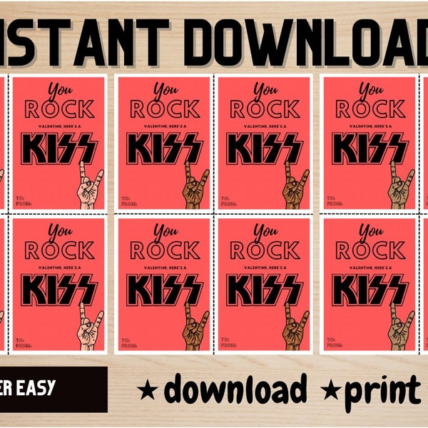 Classic Rock Class Valentine’s Day Cards - Just add a KISS - Instant Download