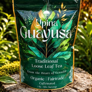 May include: A dark green bag of "Upina Guayusa" traditional loose leaf tea. The bag features a leaf design with gold accents and the text "Organic | Fairtrade". The bag contains 454 grams of caffeinated tea.