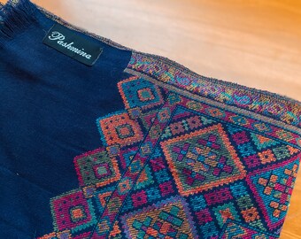 Blue Pashmina Scarf, Colourful Patterns, True Pashmina Lightweight Shawl, Thin Cashmere wool, Festival Scarf