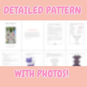 K&ouml;nnte beinhalten: Ein rosa-wei&szlig;es Grafikdesign mit den Worten "DETAILED PATTERN" und "WITH PHOTOS!" in einer Blasen-Schriftart. Der Hintergrund ist hellpfirsichfarben, mit verschwommenen Bildern von Musteranweisungen.