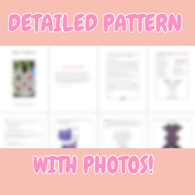 K&ouml;nnte beinhalten: Ein rosa-wei&szlig;es Grafikdesign mit den Worten "DETAILED PATTERN" und "WITH PHOTOS!" in einer Blasen-Schriftart. Der Hintergrund ist hellpfirsichfarben, mit verschwommenen Bildern von Musteranweisungen.