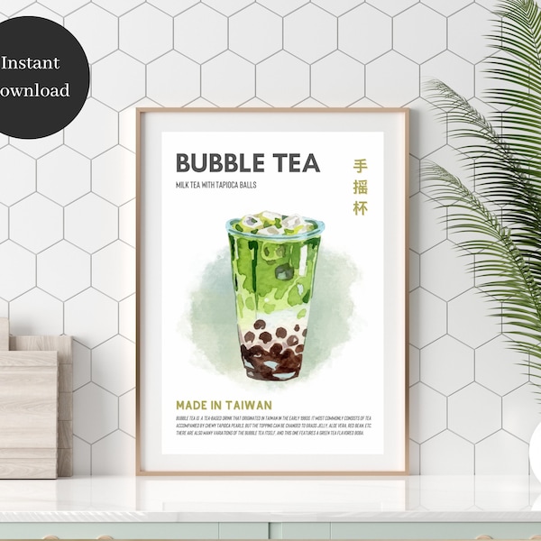 Green Tea Bubble Tea Poster, Bubble Tea Print, Matcha Poster, Matcha Tea Print, Japanese Poster, Asian Food Art, Digital Download, Drink Art