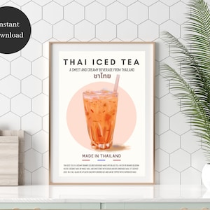 Thai Iced Tea Poster Print, Digital Download, Bubble Tea Art, Small Business Restaurant Art, Retro Kitchen Decor, Travel Printable Wall Art