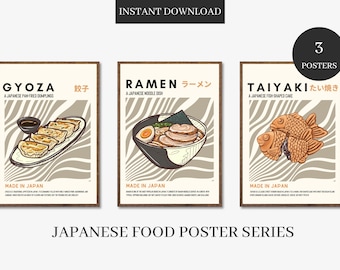 Japanese Food Poster Set: Gyoza, Ramen, Taiyaki (Digital Prints)