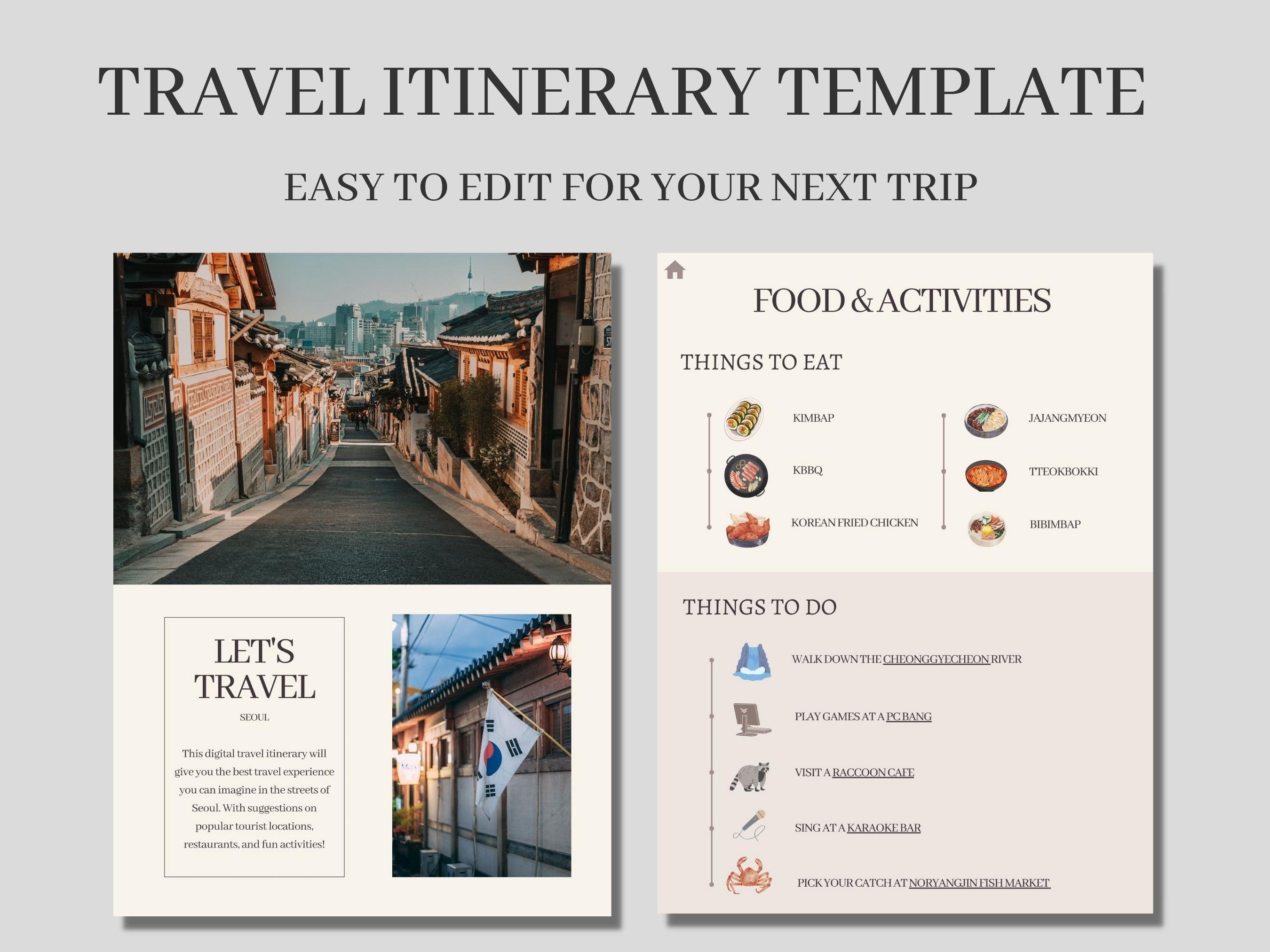 Digital Travel Itinerary Template Guide, Seoul, Korea, Modern Vacation