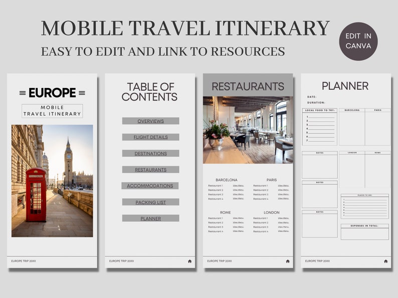 Mobile Digital Travel Itinerary Template, Europe Trip Guide, Modern