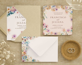 Watercolor Wildflower Wedding Invitation Template (Digital Download)