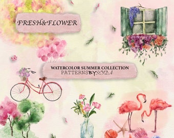 Watercolor Summer Clipart, Floral Pattern Set (Digital Download)