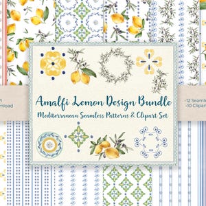 May include: A design bundle featuring watercolor patterns and clipart. The patterns include lemons, olive branches, and floral designs in shades of yellow, green, and blue. The text reads "Amalfi Lemon Design Bundle" and "Mediterranean Seamless Patterns & Clipart Set."
