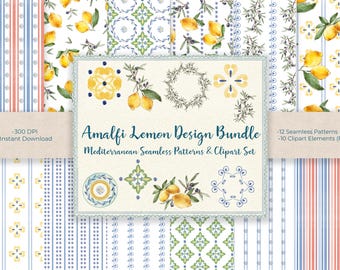 Conjunto de imágenes prediseñadas de patrones mediterráneos sin costuras de limones de Amalfi (descarga digital)
