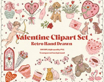 Valentine Clipart Bundle, Retro Hand Drawn Illustrations, Romantic Clipart Set, Transparent PNG, Instant Download