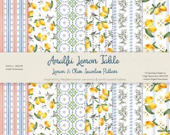 Lemon Olive Seamless Pattern, Mediterranean Tile Design, Amalfi Summer Fabric (Digital Download)