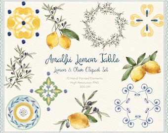 Conjunto de imágenes prediseñadas de limones y aceitunas de Amalfi, elementos mediterráneos en acuarela (descarga digital)