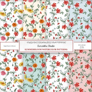 Summer Bloom Watercolor Floral Patterns, Seamless Digital Papers, Printable Backgrounds for Fabric, Gift Wrap, Scrapbooking, Bundle
