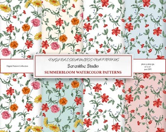 Summer Bloom Watercolor Floral Patterns, Seamless Digital Paper (PNG & JPG)
