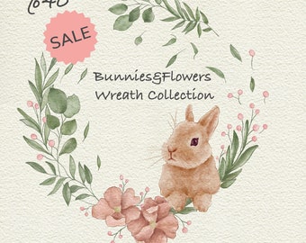 Watercolor Bunny Wreath Clipart, Floral Spring Wreath (Digital Download)