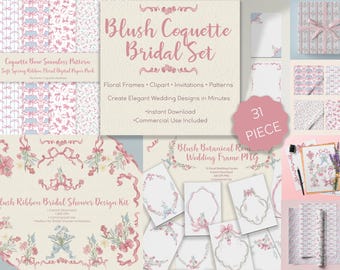 Blush Coquette Wedding Design Kit, Floral Frames, Clipart, Invitations, Patterns (Digital Download)