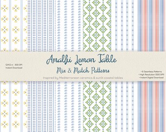 Amalfi Lemon Seamless Pattern Set, Mediterranean Tile Digital Paper (Instant Download)