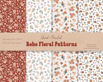 Boho Floral Seamless Patterns, Rustic Botanical Digital Paper (Digital Download)