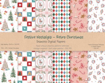 Retro Christmas Seamless Papers, Vintage Holiday Pattern Set, Hand Drawn Festive Backgrounds, Instant Download