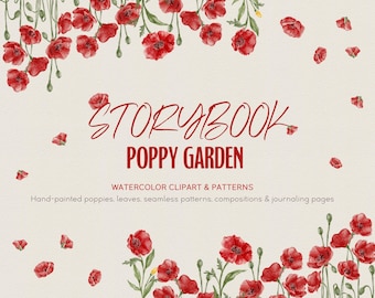 Watercolor Poppy Clipart Set – Garden Seamless Patterns (Digital Download)