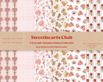 Valentine Digital Paper Pack, Heart Seamless Patterns, Pink Gingham Scrapbook Paper, Printable 300 DPI