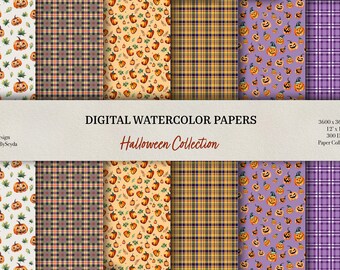 Halloween Watercolor Paper Set, Pumpkin PNG, Plaid Background (Digital Download)