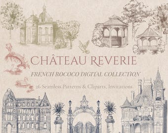 French Rococo Design Pack – Seamless Patterns, Clipart & 5×7 Invitation Templates Instant Download
