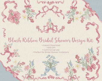 Blush Ribbon Bridal Shower Clipart, Pink Bow Floral Frames (Digital Download)