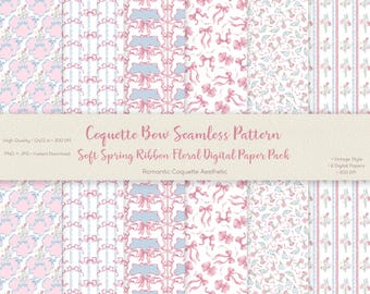 Coquette Bow Digital Paper Pack, Seamless Ribbon Floral Pattern, 12x12 300 DPI