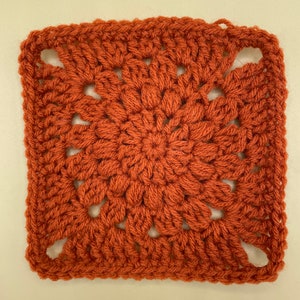 Peut inclure: Un carré de granny crocheté de couleur orange brûlée.