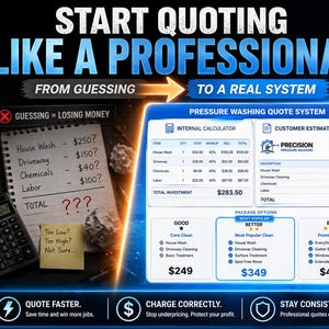 May include: An advertisement for a pressure washing quote system. The image features a notepad with handwritten estimates, a calculator, and a customer estimate. The text promotes professional quoting and moving away from guesswork.