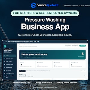 Op de afbeelding: Een digitale interface voor de Pressure Wash Quote Studio zakelijke app weergegeven op een scherm. Het dashboard heeft een donkergroenblauw en wit kleurenschema met tekst waaronder For Startups & Self-Employed Owners en Know your next move.
