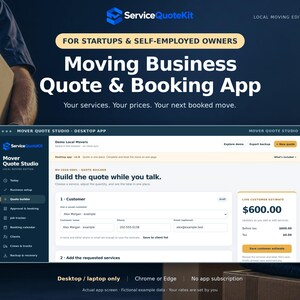 Pode incluir: Uma interface digital para a aplicação ServiceQuoteKit Moving Business Quote & Booking exibida num ecrã. O software inclui um gerador de orçamentos com campos para detalhes do cliente, seleção de serviços e uma estimativa de custos.