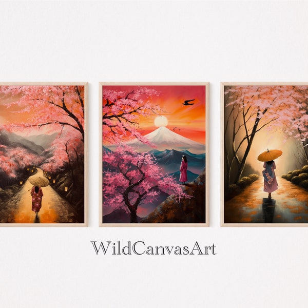 Japanese Wall Art, Set of 3 Prints, Modern Wall Art, Floral Wall Art, Mount Fuji, Digital Wall Art, Sunset Wall Art