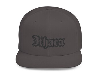 Ithaca Blackletter Embroidery Snapback Hat, Camouflage Cap