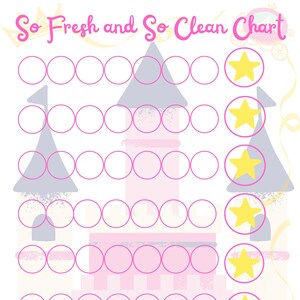 Puede incluir: Un gráfico rosa y blanco con el texto "So Fresh and So Clean Chart". El gráfico presenta un diseño de castillo rosa con círculos para el seguimiento e iconos de estrellas amarillas. También se incluye una corona y un carruaje.