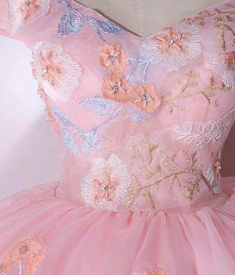 Fairy Ball Gown Strapless Pink Floral Prom Dresses Long Evening Dress P1941