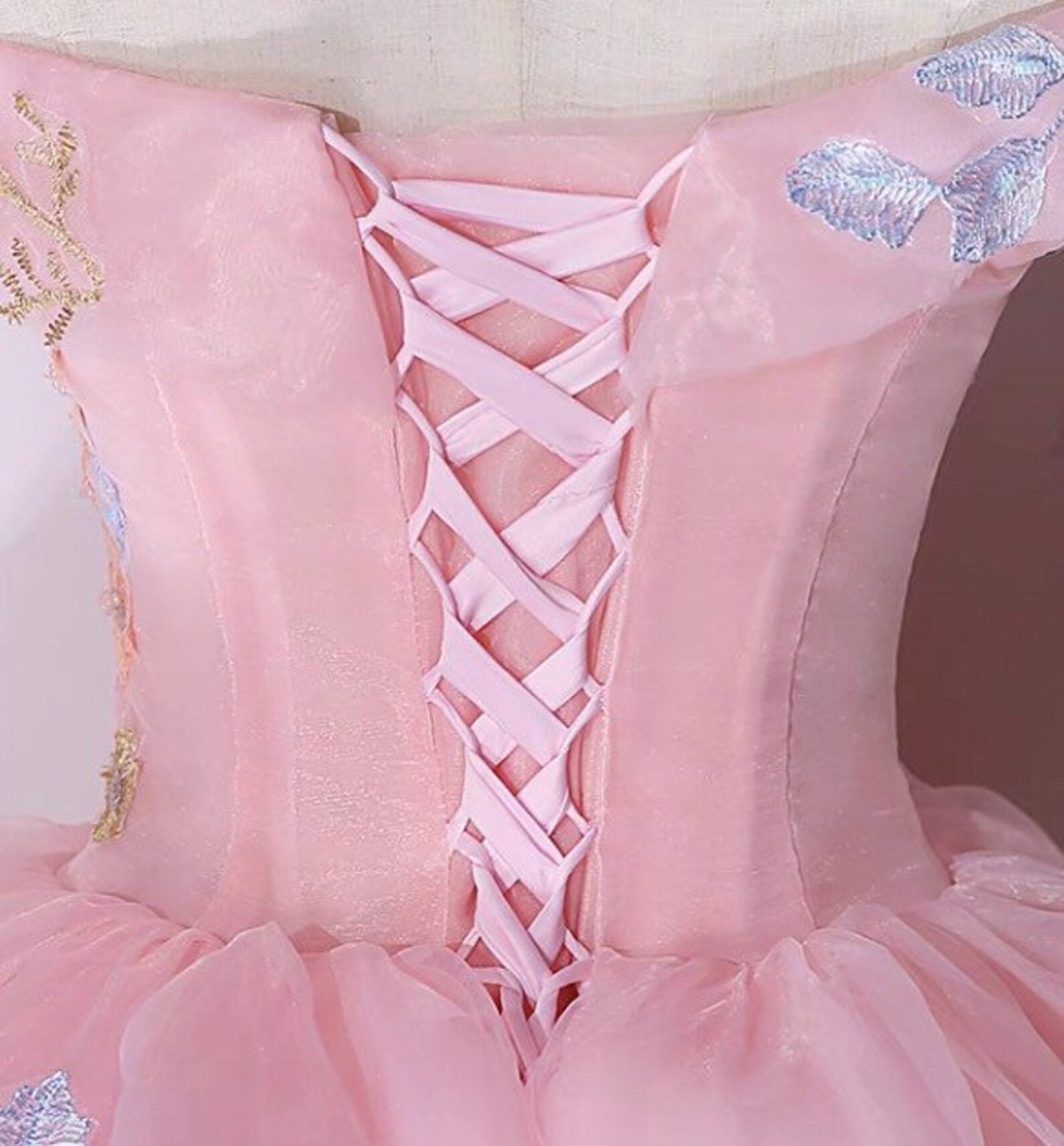 Fairy Ball Gown Strapless Pink Tiered Tulle Long Prom Dresses Evening Dress P1955 main image 0