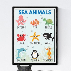 Poster di simpatici ANIMALI MARINI / Decorazione dell'asilo nido oceanico, Sala giochi per bambini, Ausilio per l'apprendimento visivo prescolastico per bambini, Sotto l'oceano, Apprendimento Montessori