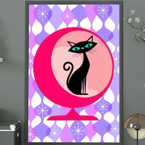 Zabawny wydruk artystyczny z kotem | Atomic Kitten, wydruk Mid-Century Modern, kolorowe kwiaty, fajny czarny kot, miauczenie, wystrój retro Kitty, prezent na nowy dom
