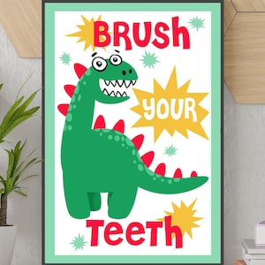 Cute Dinosaur BRUSH YOUR TEETH Poster, Fun Bathroom Wall Art, Funny Home Decor, Trendy Colorful Child&#39;s Room, Funky Kid&#39;s Animal Art Print