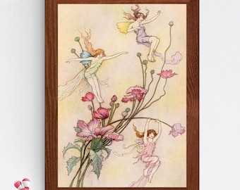 Fairies and Flowers Vintage Art Poster | Fairy Aesthetic Décor, Good Fairies, Fantasy Art, Vintage Fairies, Kid's Room Art, Fairy Princess