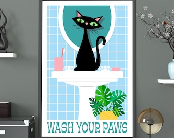 Cool Mid Century Modern Black Cat Print | Cat Lover Present, Retro Bath Decor, Black Kitten, Atomic Kitty, 1950&#39;s Style, Housewarming Gift