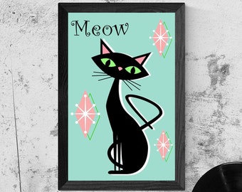 Funny Meow Cat Art Print | Space Age Atomic Kitten, Mid-Century Modern Print, Funny Black Cat, 1950s, Retro Kitty Decor, New Home Gift