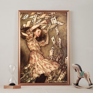 Alice in Wonderland Vintage Art Poster | Alice with Cards, Classic Illustration, Surrealist Art, Alice Red Queen Picture, Fantasy Wall Decor