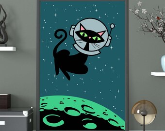 Mid-Century Modern Space Cat Druck | Katzenliebhaber Geschenk, Retro Bar Decor, Schwarzes Kätzchen, Atomic Kitty, 50er Jahre Stil, Housewarming Geschenk